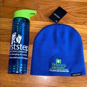 blue beanie and water bottle